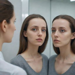 A realistic portrait of a woman staring into a mirror, and instead of her own reflection, she sees a sophisticated Artificial Intelligence entity.