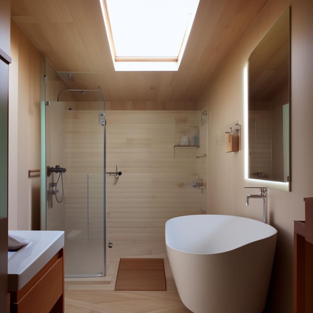 A bathroom design within a room of dimensions 2.15 meters by 1.20 meters. In this snug layout, please include a bathtub containing a shower, a toilet, and a sink.