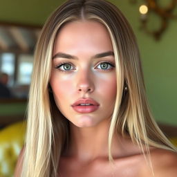 A sexy young woman with medium lips and long straight blonde hair, showcasing her seductive face and flawless skin