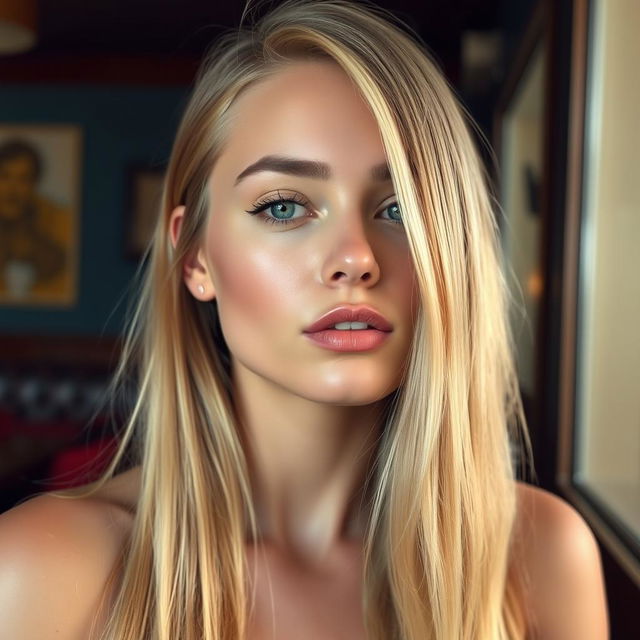 A sexy young woman with medium lips and long straight blonde hair, showcasing her seductive face and flawless skin