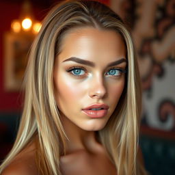 A sexy young woman with medium lips and long straight blonde hair, showcasing her seductive face and flawless skin