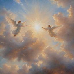 A hyperrealistic painting of a sunlit sky with fluffy clouds and ethereal angels gracefully interacting. The sun is radiant, making the sky appear warm and inviting.