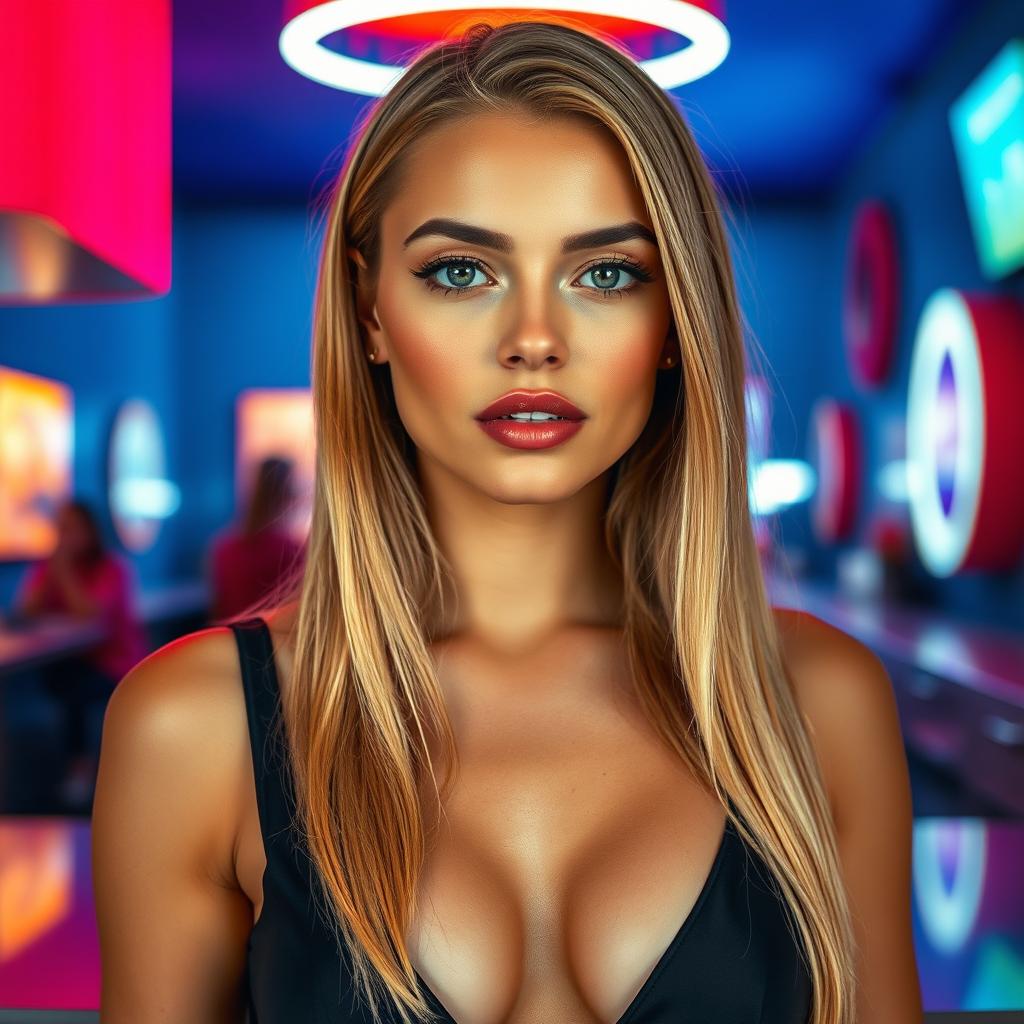 A sexy young woman with medium lips and long straight blonde hair, showcasing her alluring face and flawless skin