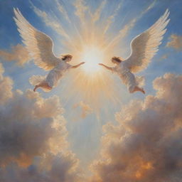 A hyperrealistic painting of a sunlit sky with fluffy clouds and ethereal angels gracefully interacting. The sun is radiant, making the sky appear warm and inviting.