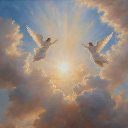 A hyperrealistic painting of a sunlit sky with fluffy clouds and ethereal angels gracefully interacting. The sun is radiant, making the sky appear warm and inviting.