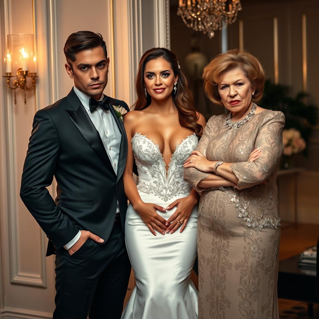 A debauched bride in a provocative bridal gown, exuding confidence and allure, stands next to her exceptionally attractive fiancé, who has striking features and a charismatic presence