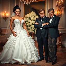 A debauched bride in a provocative bridal gown, exuding confidence and allure, stands next to her exceptionally attractive fiancé, who has striking features and a charismatic presence