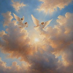 A hyperrealistic painting of a sunlit sky with fluffy clouds and ethereal angels gracefully interacting. The sun is radiant, making the sky appear warm and inviting.