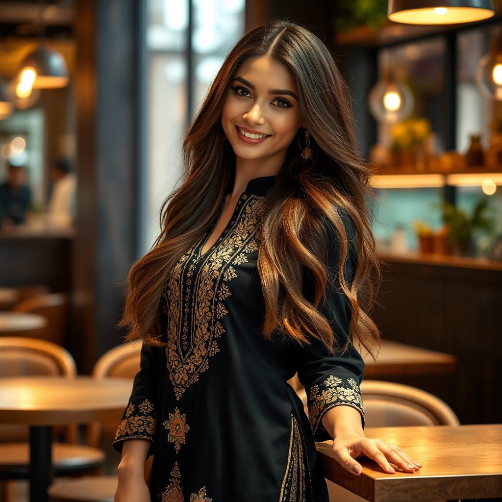 A glamorous scene featuring a confident young woman with a captivating smile and long, flowing hair, depicted in a stylish environment