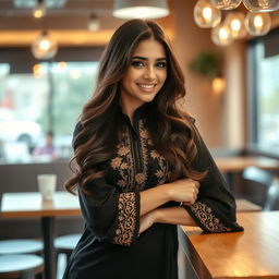 A glamorous scene featuring a confident young woman with a captivating smile and long, flowing hair, depicted in a stylish environment