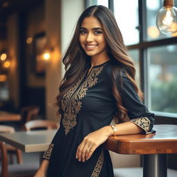 A glamorous scene featuring a confident young woman with a captivating smile and long, flowing hair, depicted in a stylish environment