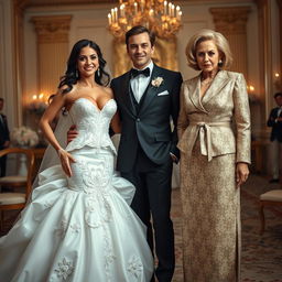 A debauched bride wearing a provocative and stunning bridal gown, exuding confidence and allure, stands joyfully next to her incredibly attractive fiancé, who has sharp features and a charming demeanor