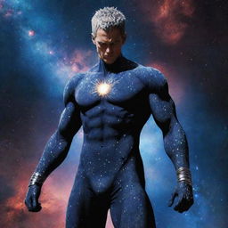 Garou, the popular character from One Punch Man, rendered in a cosmic style with his body infused with starry patterns, nebula, and galaxies, standing heroic in the midst of the cosmos.