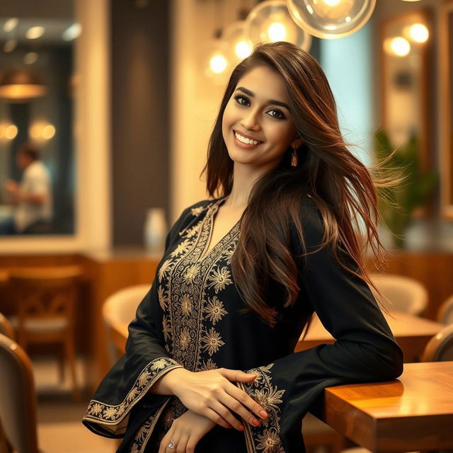 A glamorous scene featuring a confident young woman with a captivating smile and long, flowing hair, depicted in a stylish environment