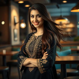 A glamorous scene featuring a confident young woman with a captivating smile and long, flowing hair, depicted in a stylish environment