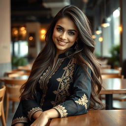 A glamorous scene featuring a confident young woman with a captivating smile and long, flowing hair, depicted in a stylish environment