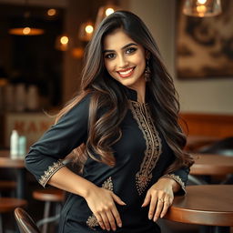 A glamorous scene featuring a confident young woman with a captivating smile and long, flowing hair, depicted in a stylish environment