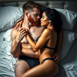 A short Latina woman in revealing lingerie, holding a seductive pose next to a white man with an auburn beard, who is shirtless