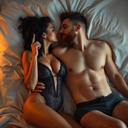 A short Latina woman in revealing lingerie, holding a seductive pose next to a white man with an auburn beard, who is shirtless