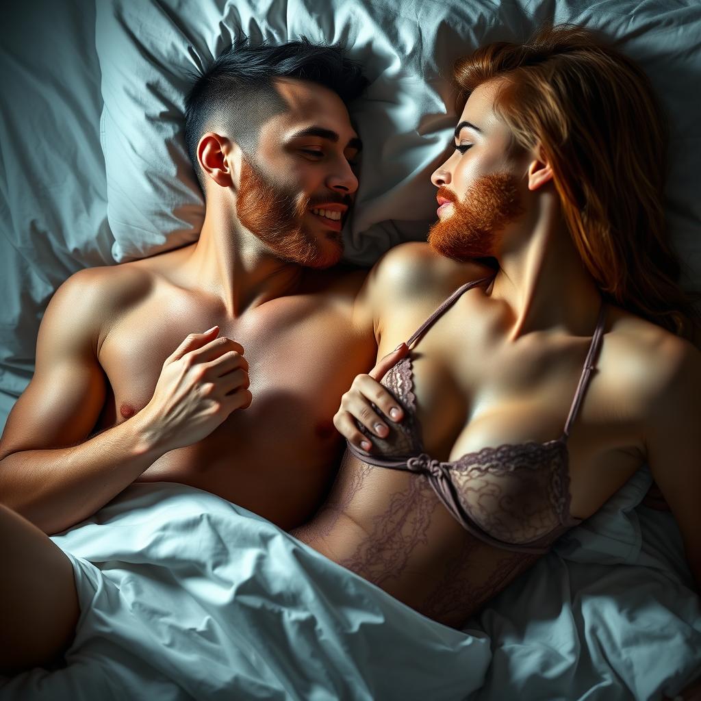 A short Latina woman in revealing lingerie, holding a seductive pose next to a white man with an auburn beard, who is shirtless