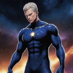 Garou, the popular character from One Punch Man, rendered in a cosmic style with his body infused with starry patterns, nebula, and galaxies, standing heroic in the midst of the cosmos.