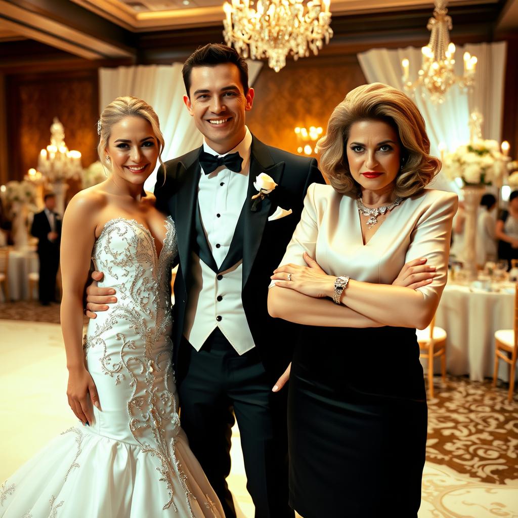 A debauched bride in a daringly designed bridal gown, exuding boldness and allure, stands happily next to her incredibly attractive fiancé, whose charming features and confident smile add to the excitement of the moment