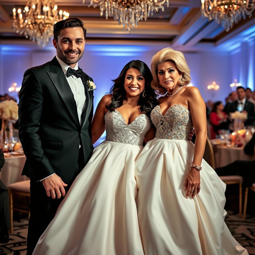 A debauched bride in a daringly designed bridal gown, exuding boldness and allure, stands happily next to her incredibly attractive fiancé, whose charming features and confident smile add to the excitement of the moment