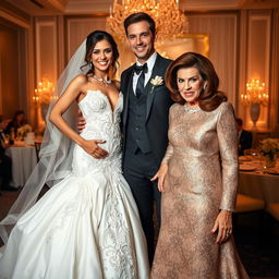 A debauched bride in a daringly designed bridal gown, exuding boldness and allure, stands happily next to her incredibly attractive fiancé, whose charming features and confident smile add to the excitement of the moment