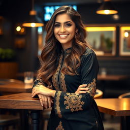 A confident young woman with long, wavy hair, wearing a stylish black kurta with intricate gold embroidery