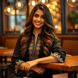 A confident young woman with long, wavy hair, wearing a stylish black kurta with intricate gold embroidery