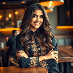 A confident young woman with long, wavy hair, wearing a stylish black kurta with intricate gold embroidery