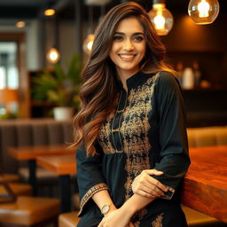 A confident young woman with long, wavy hair, wearing a stylish black kurta with intricate gold embroidery