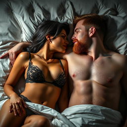 A short Latina woman in revealing lingerie, exuding confidence and allure, is lying in bed next to a white man with an auburn beard, who is shirtless