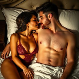 A short Latina woman in revealing lingerie, exuding confidence and allure, is lying in bed next to a white man with an auburn beard, who is shirtless