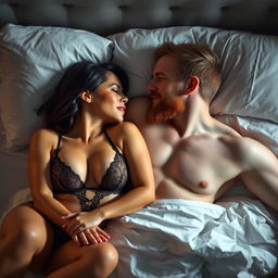 A short Latina woman in revealing lingerie, exuding confidence and allure, is lying in bed next to a white man with an auburn beard, who is shirtless