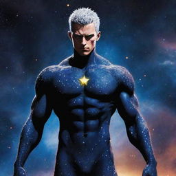 Garou, the popular character from One Punch Man, rendered in a cosmic style with his body infused with starry patterns, nebula, and galaxies, standing heroic in the midst of the cosmos.