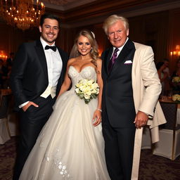 A debauched bride in an eye-catching, bold bridal gown stands confidently next to her exceptionally attractive fiancé, who has an infectious smile and charming look