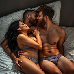 A short Latina woman in seductive revealing lingerie is in bed with a shirtless white man who has an auburn beard