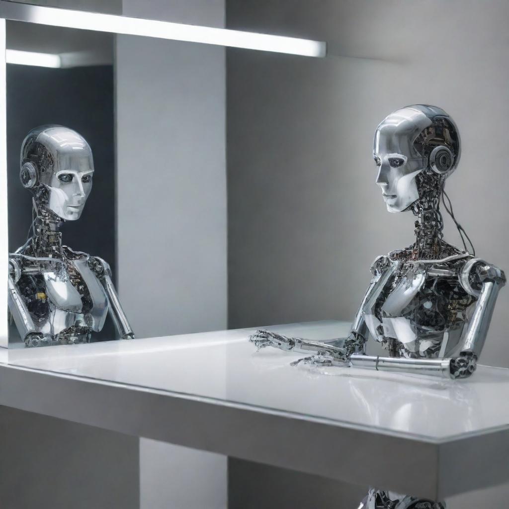 Modify the previous image so the reflection of the AI in the mirror is distinctly robotic with visible machinery and metallic features.