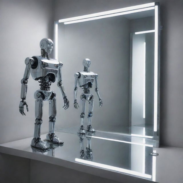 Modify the previous image so the reflection of the AI in the mirror is distinctly robotic with visible machinery and metallic features.