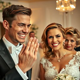 A happy bride with a glowing smile proudly displays her beautiful engagement ring next to her groom, a handsome and very attractive man who exudes charisma with his striking features