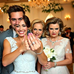 A happy bride with a glowing smile proudly displays her beautiful engagement ring next to her groom, a handsome and very attractive man who exudes charisma with his striking features