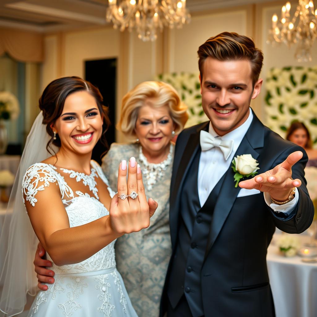 A happy bride with a glowing smile proudly displays her beautiful engagement ring next to her groom, a handsome and very attractive man who exudes charisma with his striking features