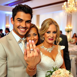 A happy bride with a glowing smile proudly displays her beautiful engagement ring next to her groom, a handsome and very attractive man who exudes charisma with his striking features