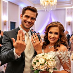 A joyful bride with a radiant smile proudly showcases her stunning engagement ring next to her groom, a dashing and very attractive man whose charm and appeal shine through