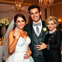 A joyful bride with a radiant smile proudly showcases her stunning engagement ring next to her groom, a dashing and very attractive man whose charm and appeal shine through