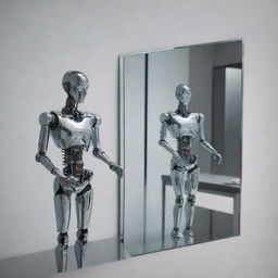 Modify the previous image so the reflection of the AI in the mirror is distinctly robotic with visible machinery and metallic features.