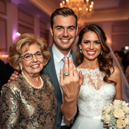 A joyful bride with a radiant smile proudly showcases her stunning engagement ring next to her groom, a dashing and very attractive man whose charm and appeal shine through