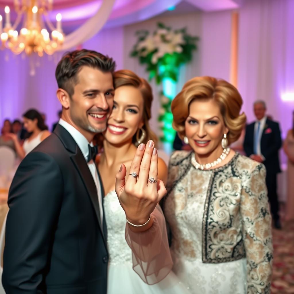 A joyful bride with a radiant smile proudly showcases her stunning engagement ring next to her groom, a dashing and very attractive man whose charm and appeal shine through