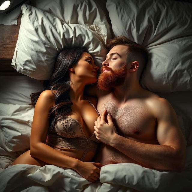 A beautiful Latina woman in revealing lingerie and a white man with an auburn beard, both lying in a bed together